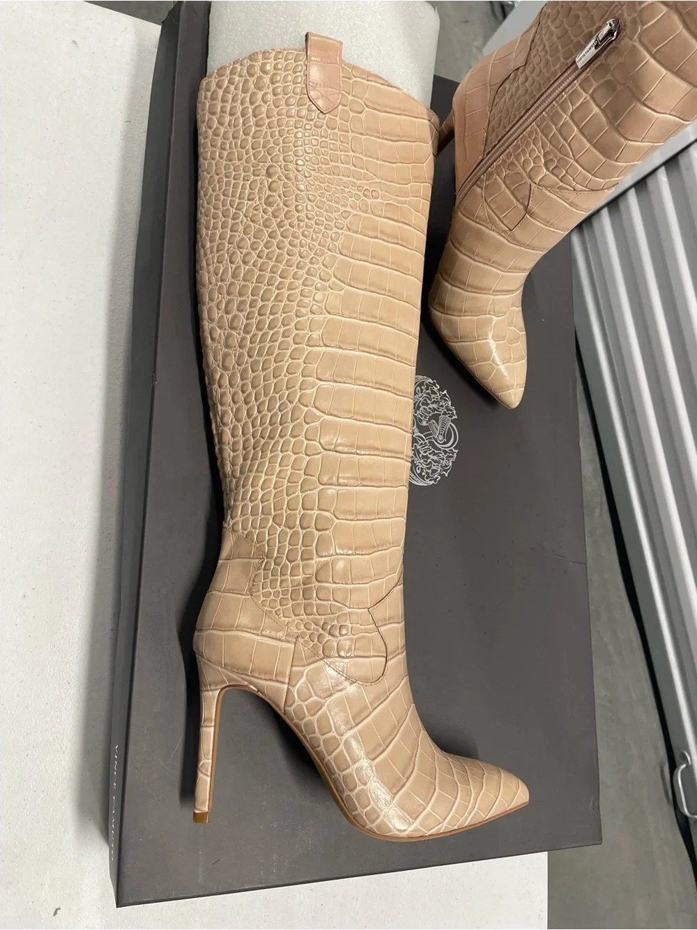Vince Camuto Beige Croc-Embossed Over-the-Knee Pointed-Toe Stiletto Boots
